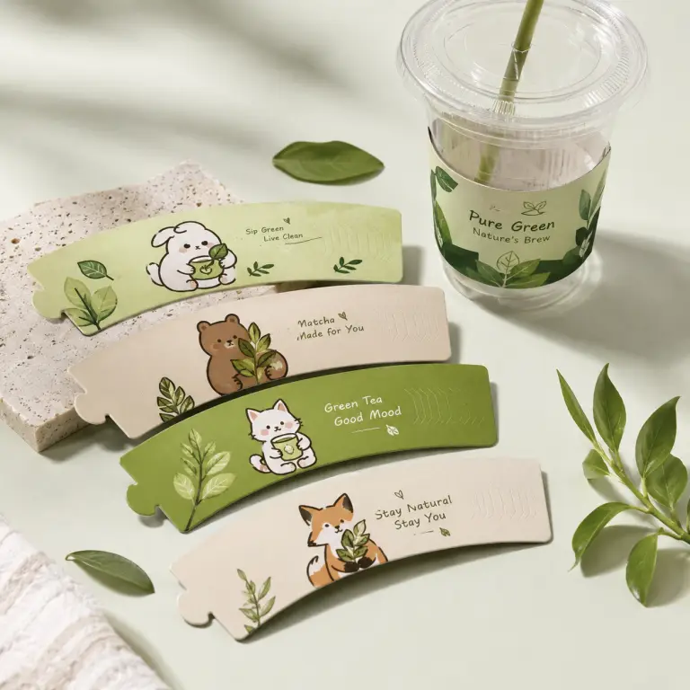Bốn mẫu bao ly giấy trà xanh in hình thỏ, gấu, mèo, cáo dễ thương bên ly matcha phong cách eco