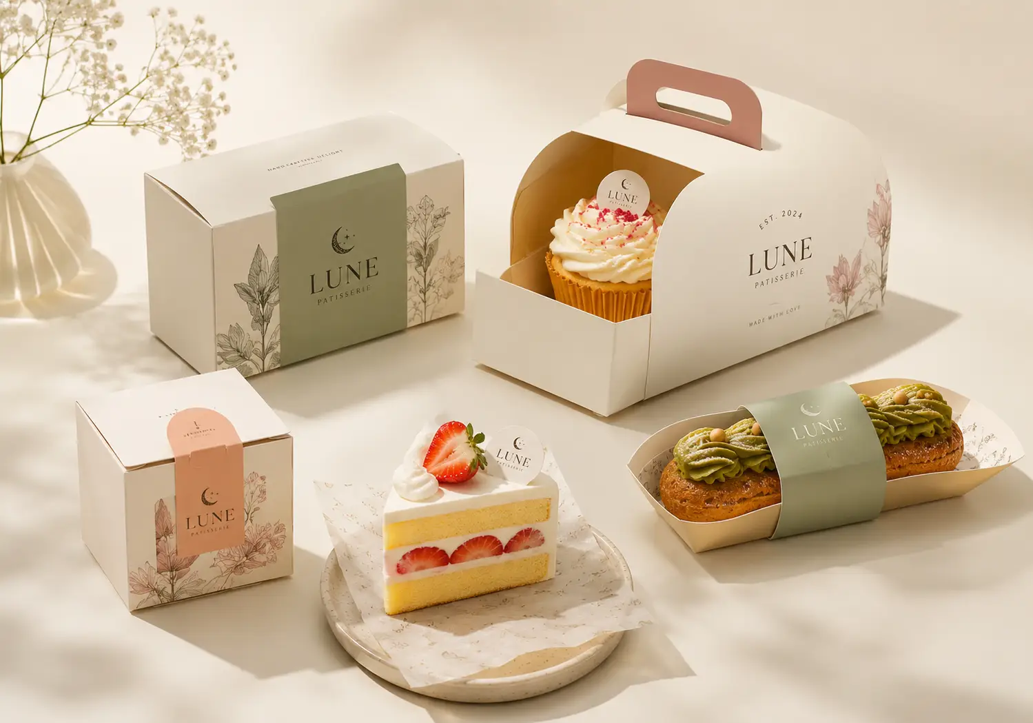 Bộ sưu tập hộp giấy bakery in theo yêu cầu với nhiều kiểu hộp bánh và khay giấy cao cấp dành cho tiệm bánh, cà phê và cửa hàng dessert.
