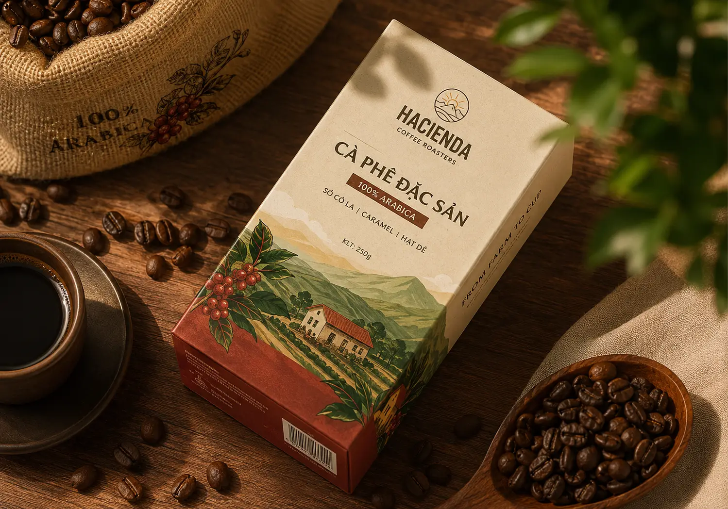 Hộp giấy đựng cà phê Arabica in theo yêu cầu, thiết kế phong cách nông trại kết hợp hình ảnh sản phẩm thực tế và hạt cà phê rang.