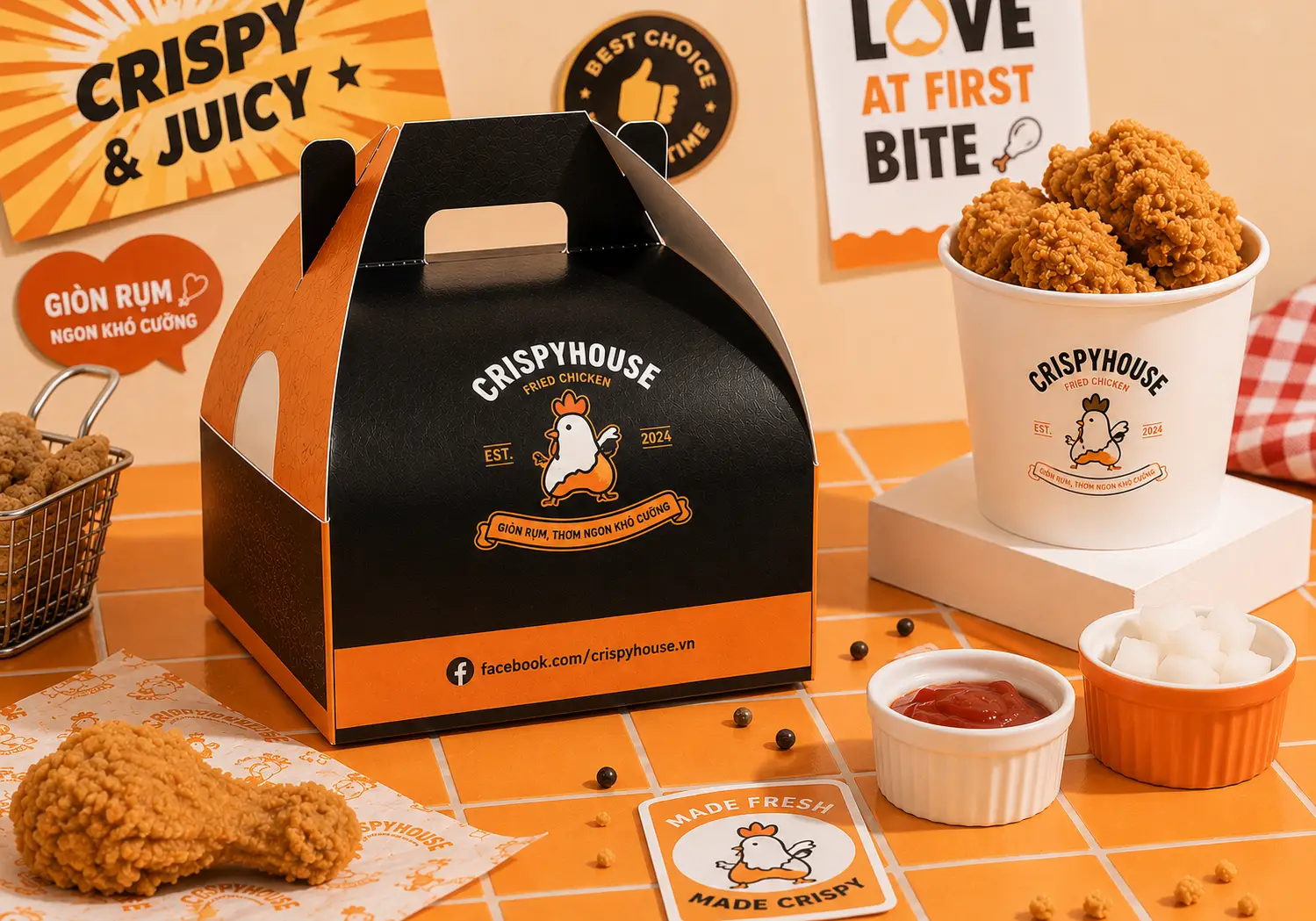 Bộ hộp giấy gà rán, ly giấy và bao bì thức ăn nhanh in theo yêu cầu dành cho thương hiệu fast food và cửa hàng mang đi.