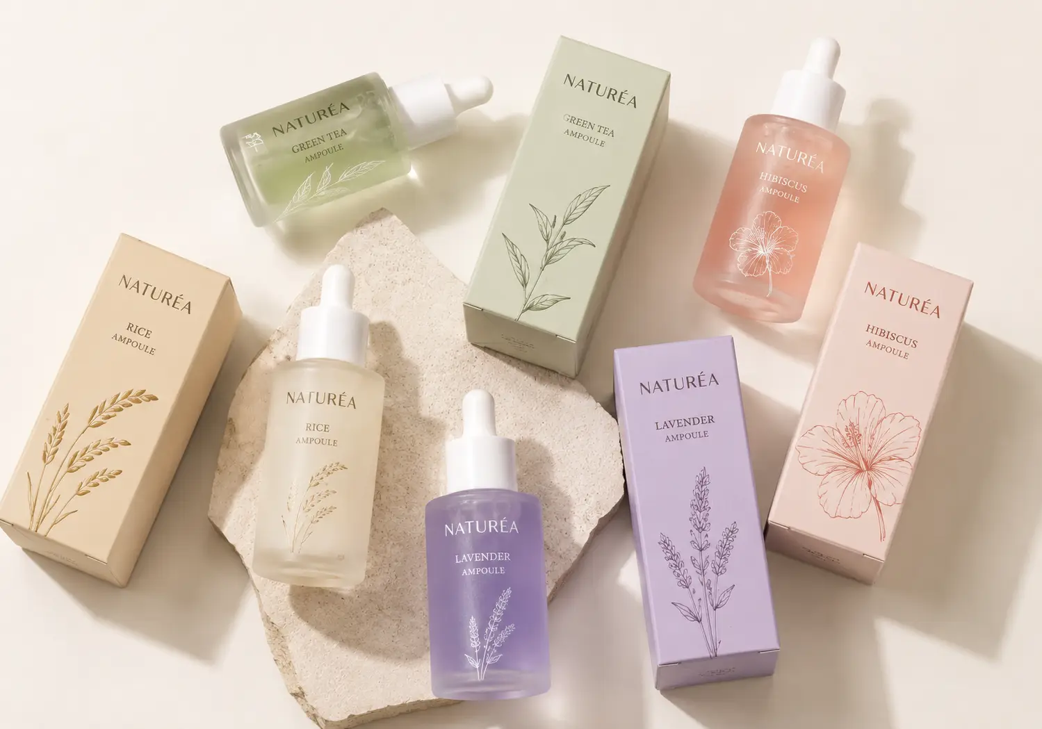Hộp giấy đựng serum mỹ phẩm in theo yêu cầu kết hợp chai tinh chất với thiết kế tối giản, phù hợp thương hiệu mỹ phẩm thiên nhiên.