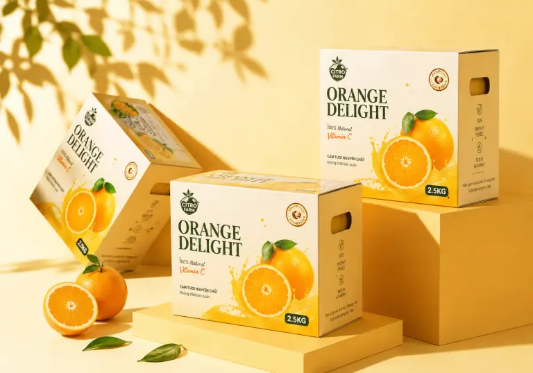 Thùng carton 5 lớp đựng trái cây in theo yêu cầu dành cho cam tươi, có tay cầm tiện lợi và đồ họa thương hiệu bắt mắt.