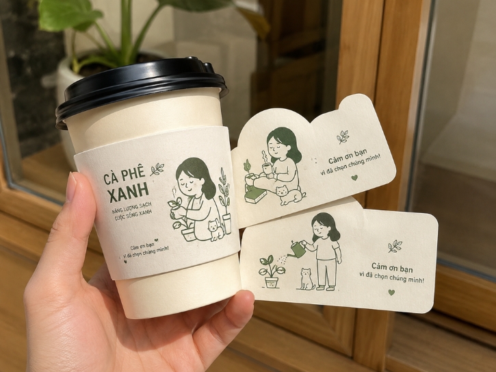 Bao ly giấy quán cà phê in một màu theo yêu cầu, tạo hình bo góc phong cách eco