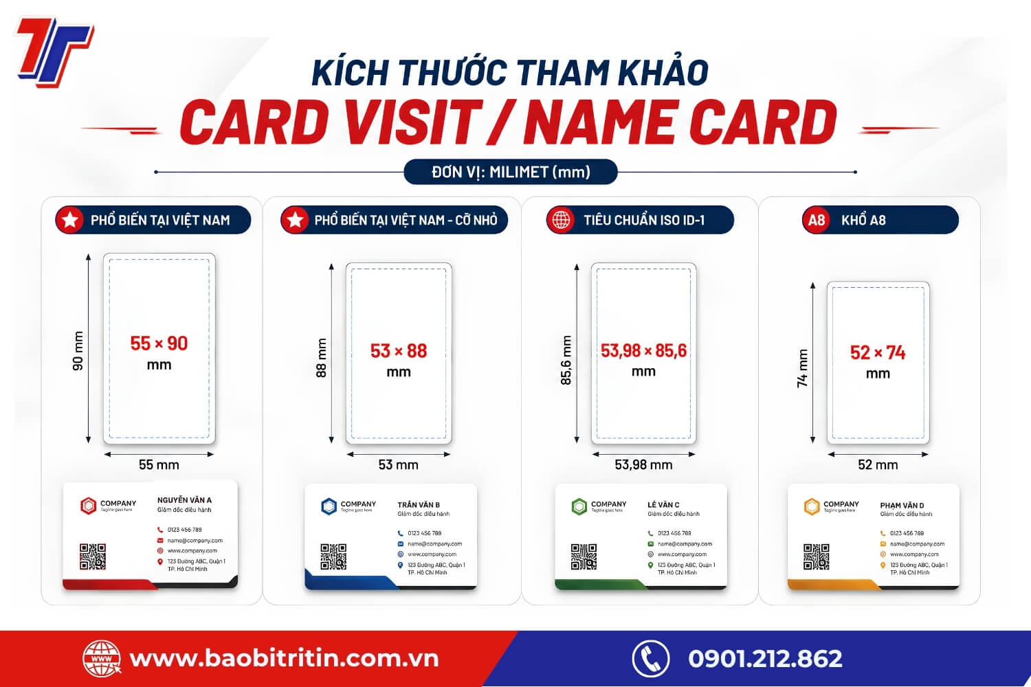 Danh thiếp thường có kích thước nhỏ gọn, phổ biến 55 × 90 mm hoặc các quy cách tương đương