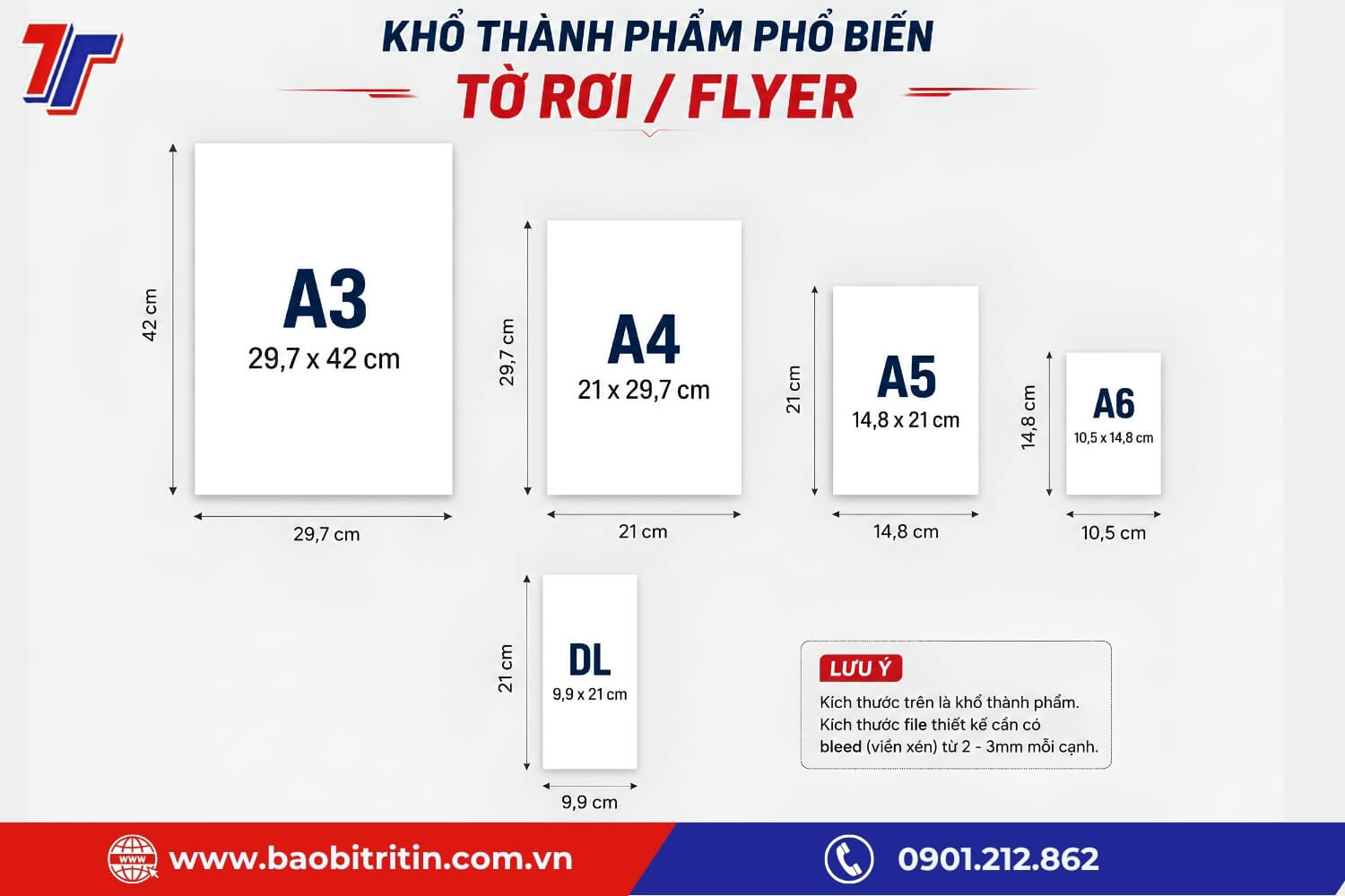Tờ rơi thường sử dụng các khổ A6, A5, A4, A3 hoặc DL, tùy nội dung và mục đích quảng bá