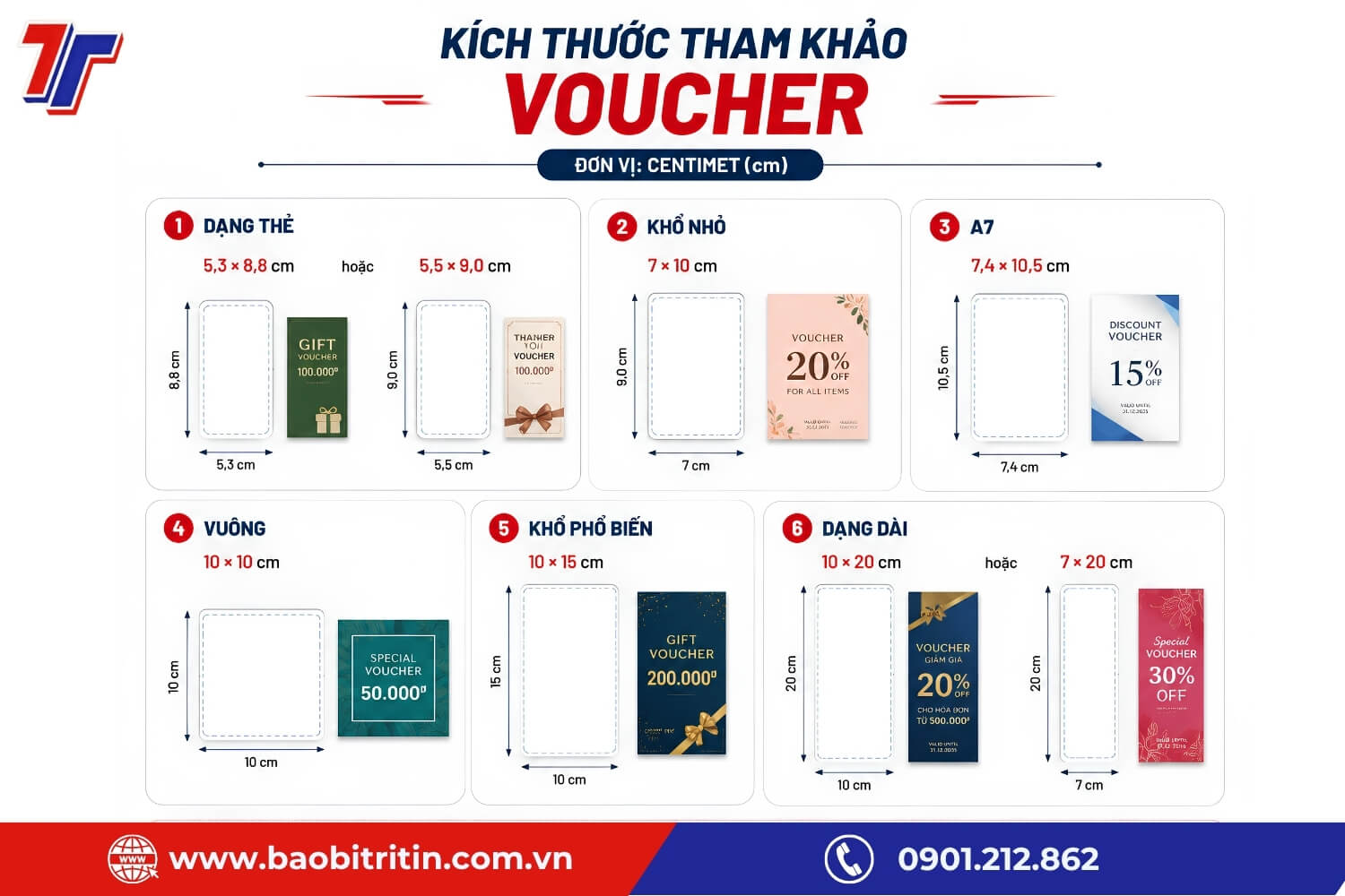 Voucher có nhiều kích thước linh hoạt, từ dạng thẻ nhỏ đến khổ dài, tùy lượng thông tin và cách sử dụng