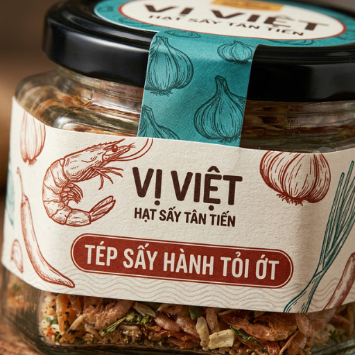 Nhãn decal in minh hoạ tôm tỏi ớt quấn hũ thuỷ tinh đựng tép sấy, kèm tem niêm phong nắp