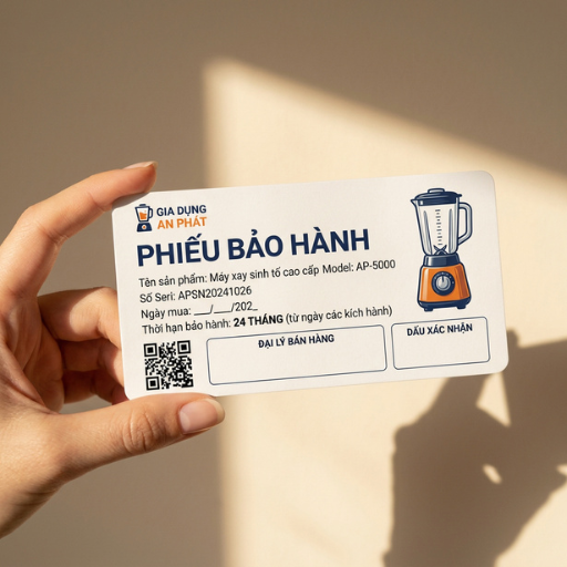 Thẻ phiếu bảo hành in tông trắng xanh navy có mã QR và ô xác nhận, bo góc tròn, cầm trên tay